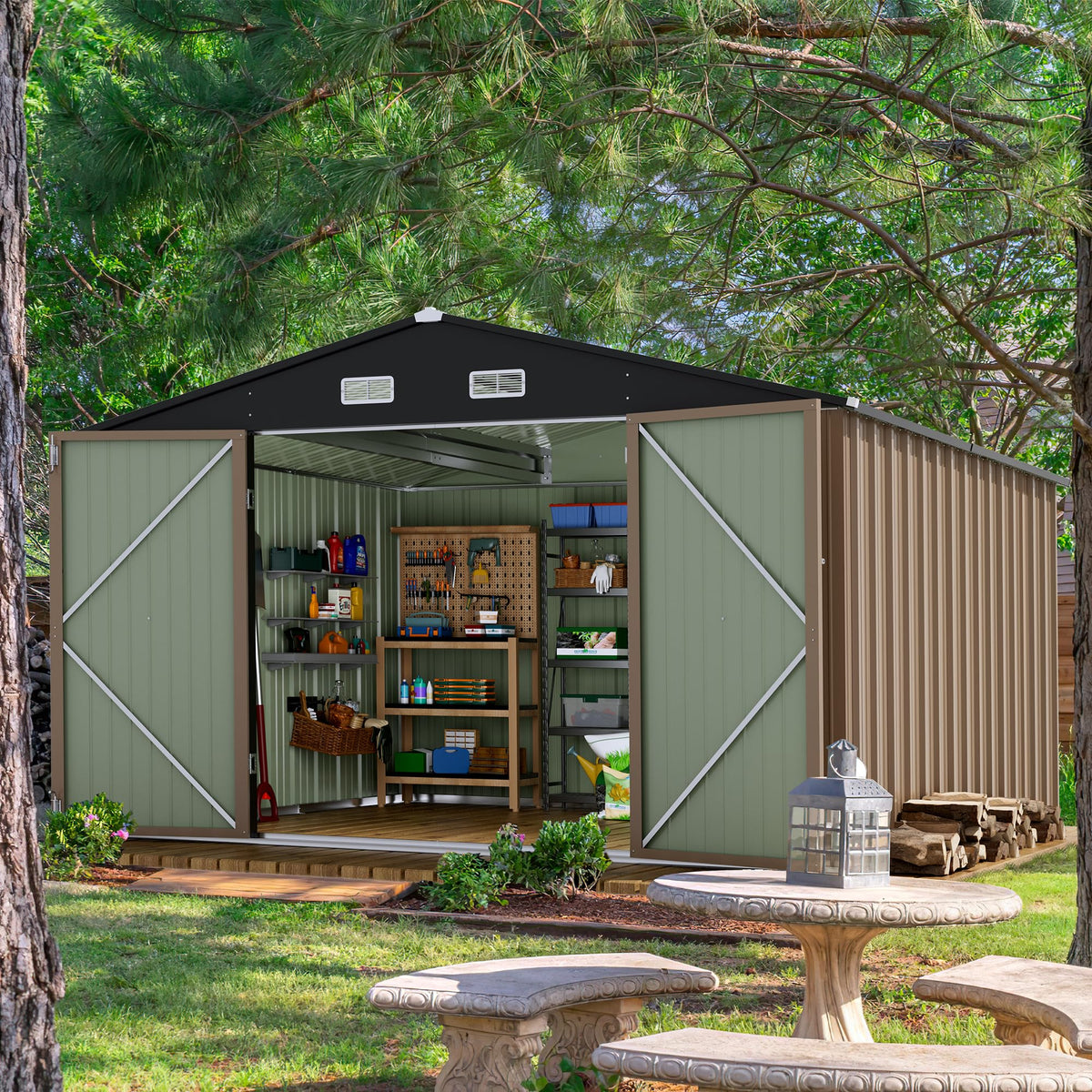 Devoko 10 x 10 FT Outdoor Storage Shed, Metal Garden Sheds & Outdoor Storage Clearance, Large Tool Shed Outdoor with Single Lockable Door for Patio Lawn Backyard (Brown)