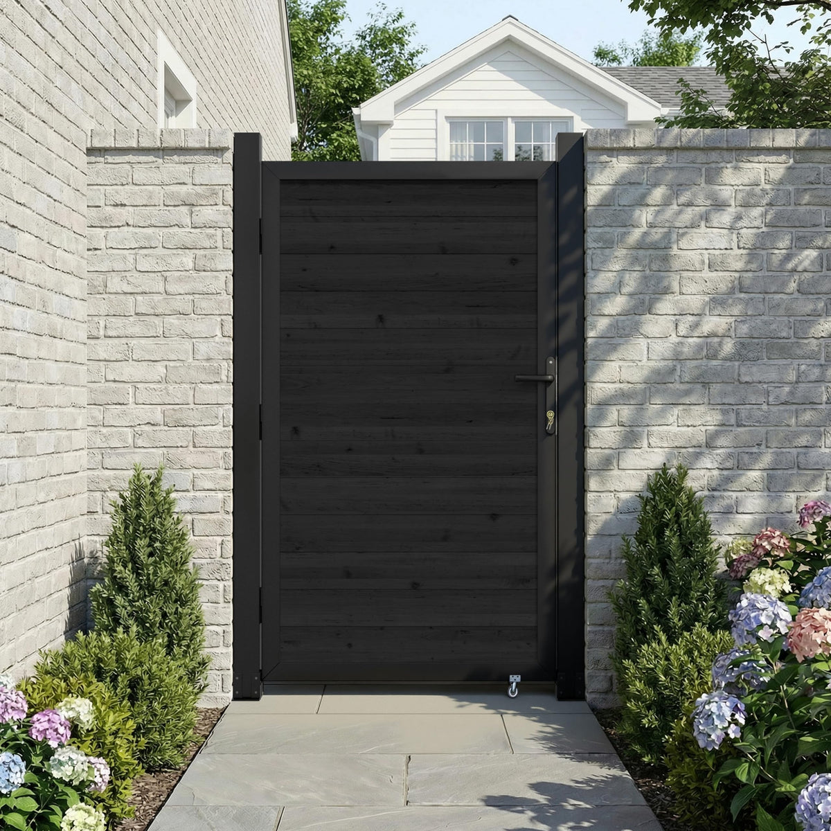 MUPATER 6×3 FT Outdoor Garden Gate, Privacy Fence Gate with Aluminum Frame & Cedar Wood Panels, Lockable Handle & Caster Wheel, Reversible Swing Direction for Patio, Yard, Garden, Black