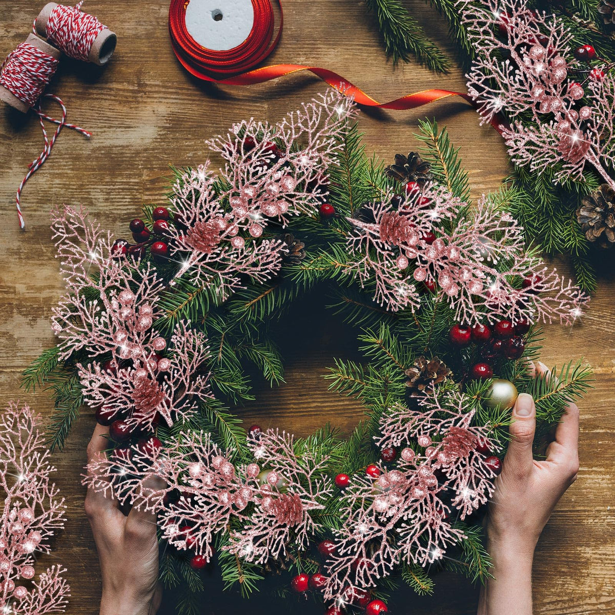 Tigeen 12 Pcs Christmas Tree Picks Bulk Artificial Christmas Tree Filler Glitter Berries Stems Branches Floral Decorations 15.75'' Xmas Sprays Twigs Berry Picks for Vase (Rose Gold)