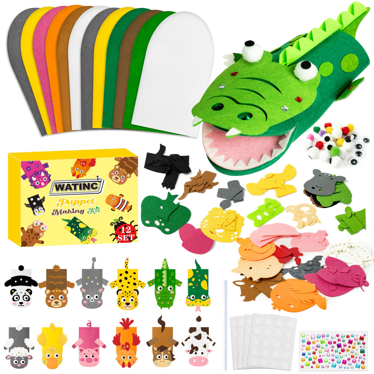 WATINC 12Pcs Hand Puppet Making Kit, Art Craft Felt Sock Puppet Toys, Creative DIY Make Your Own Pompoms Wiggle Googly Eyes Storytelling Role Play Party Supplies Gift for Girls Boys (Farm A Wild A)