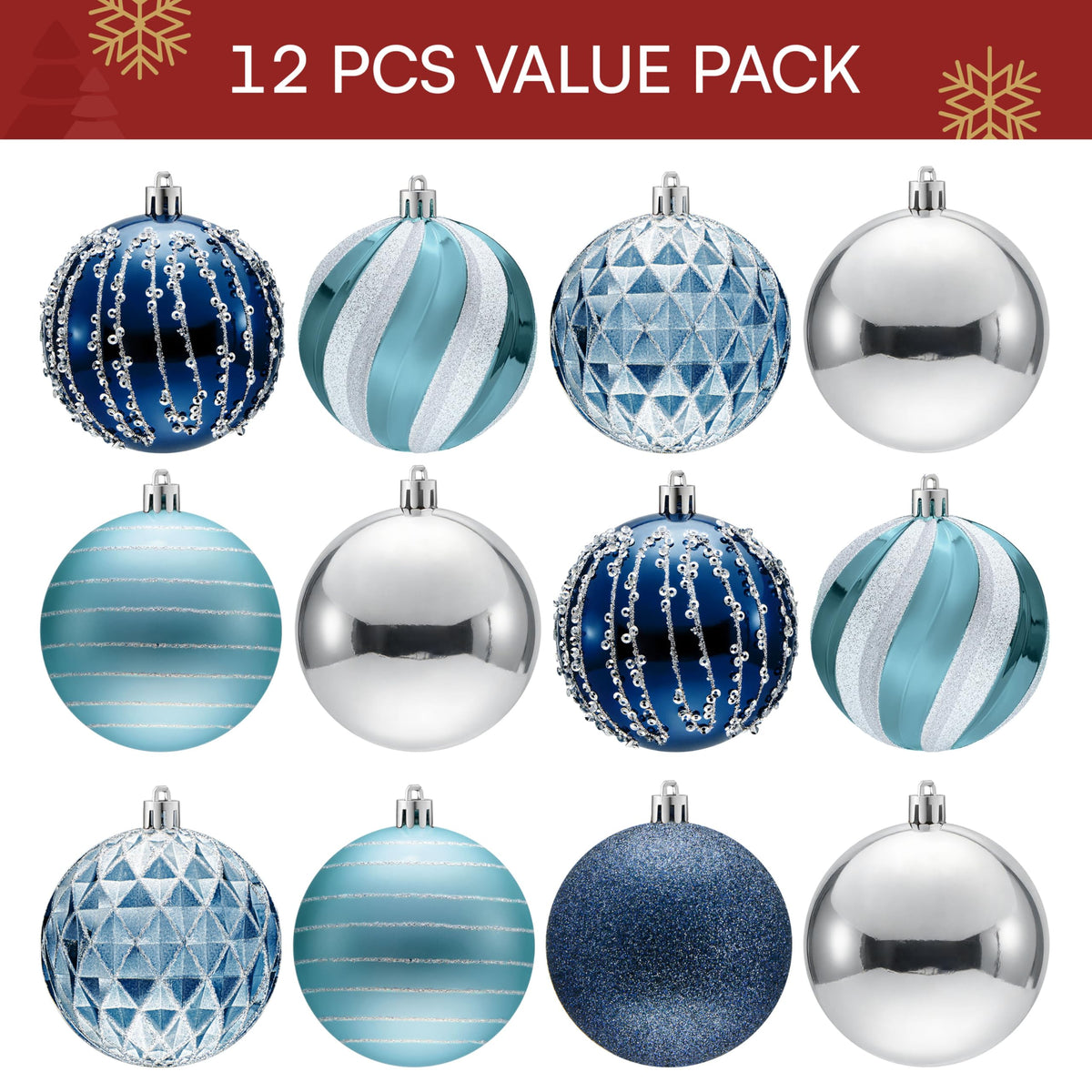 JOYIN 12 Pcs Blue Silver Christmas Balls Ornaments Set, 3.15'' Glittering Tree Hanging Christmas Decorations, Xmas Large Shatterproof Indoor Decor for Tree Wreath Holidays Wedding Party