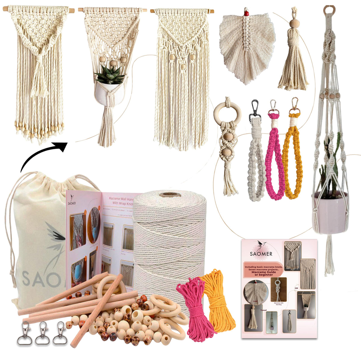 SAOMER 130 Pcs Macrame Kit for Beginners-219 Yards(657 Feet-3mm) 7 Easy Macrame DIY Projects Book-Starter Kit Has Dowel,Beads,Rings,Keychains,Bag(Gift) - Perfect Macrame Starter Kits