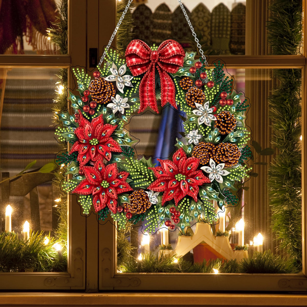 Diamond Art Hanging Kit for Adult,Special Shaped Rhinestone,DIY Acrylic Diamond Art Painting Window Pendants Home Garden Wall Hanging Kits Hanging Ornament,Double Sided. (Christmas Wreath)