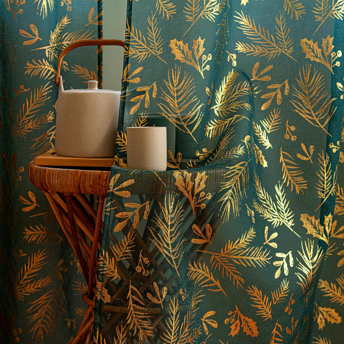 Deeprove Emerald Green Sheer Curtains 84 inches Long 2 Panels for Bedroom Living Room Xmas Decor Gliter Luxury Metallic Gold Foil Leaf Print Golden Window Treatments Pair Set, W52 x L84 Inch