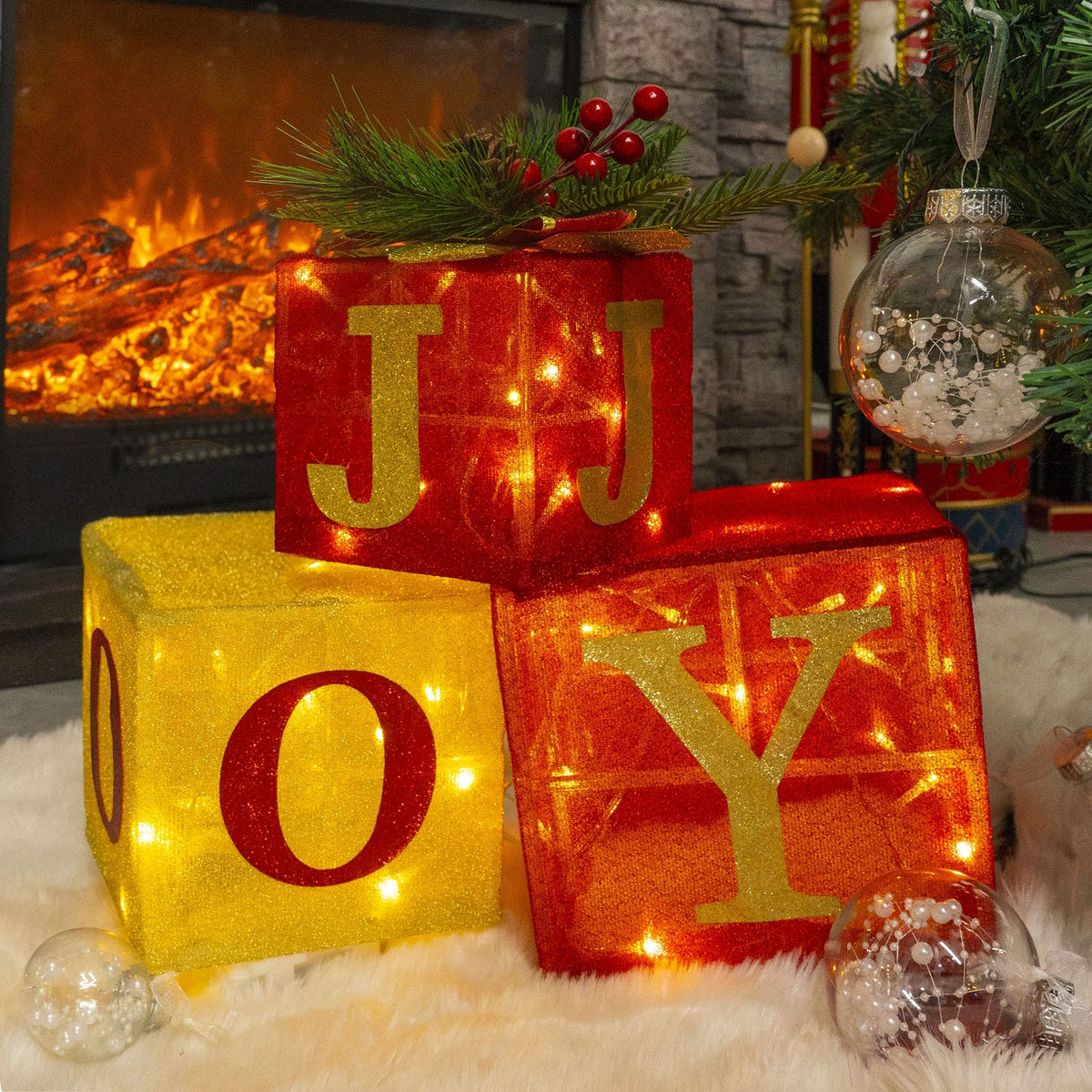 Hourleey Set of 3 Christmas Lighted Gift Boxes, Pre-lit 60 LED Light Up Joy Present Boxes Ornament Decorations for Indoor Outdoor Xmas Tree Home Yard Lawn Decor