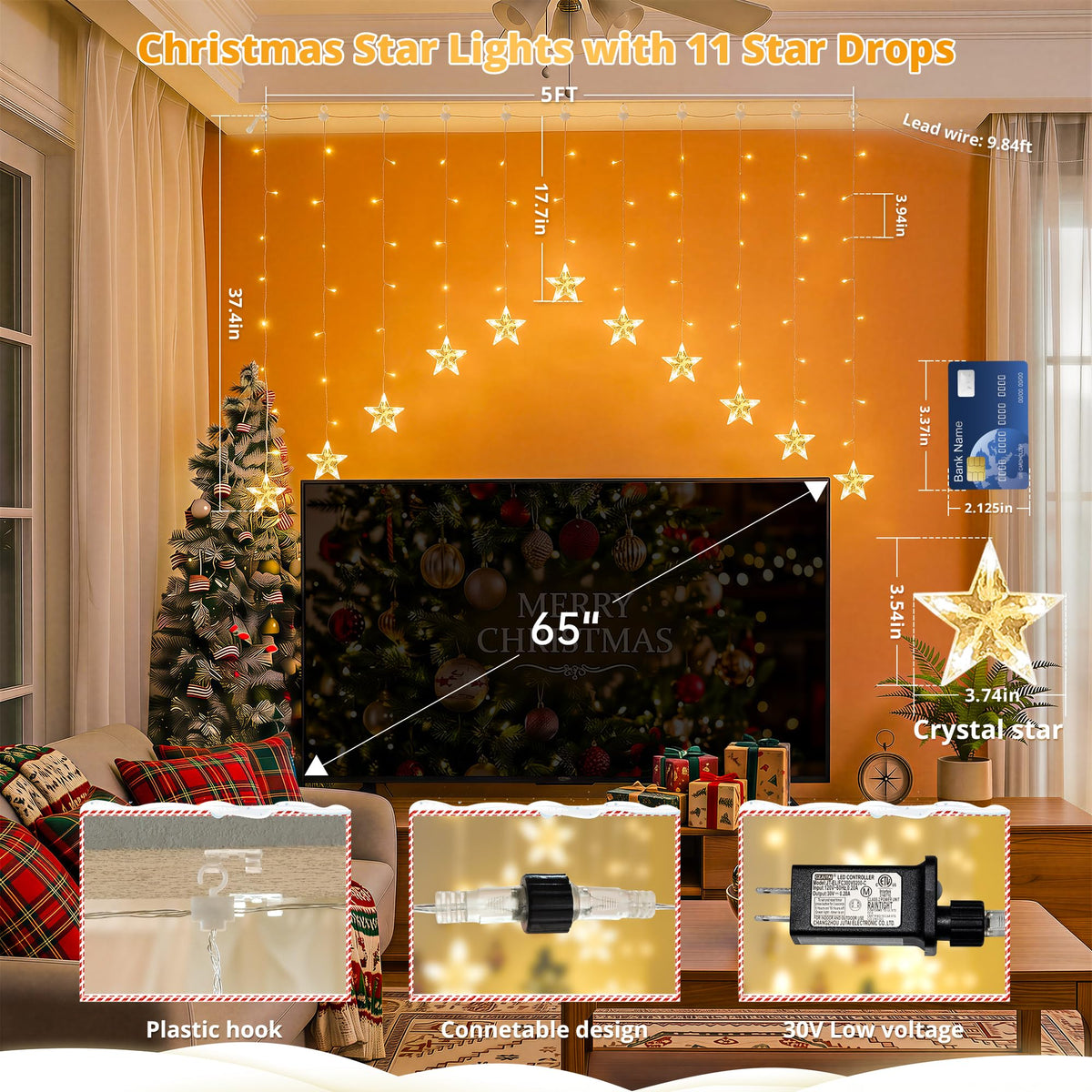 woohaha 118LED Star Icicle Lights,Window Curtain Light Plug in,8 Modes Timer Hanging String Lights,Connectable Warm White Star Lights for Bedroom Indoor Party Wedding Ramadan Christmas Decorations