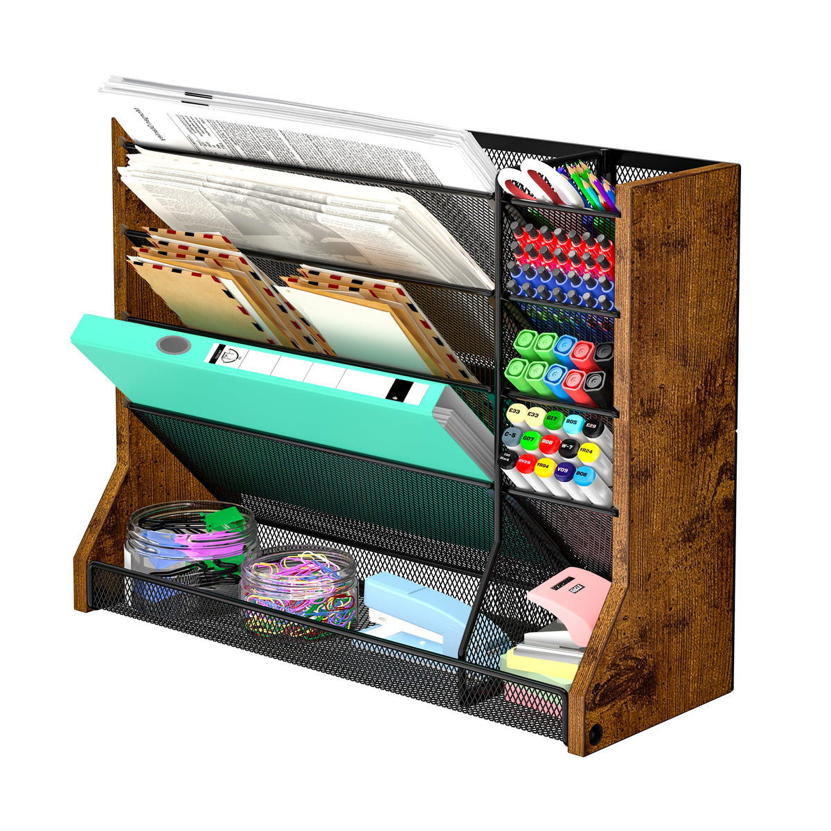 Jakyitvi Wall Desk File Organizer 5 Tiers, Ironwood Hanging File Organizer with R-shaped Tray, Wall File Holder for Office Home, 4 Pull-Out Divider and Pen Slots to Sort File,Mail,Newspaper,Pen, Brown