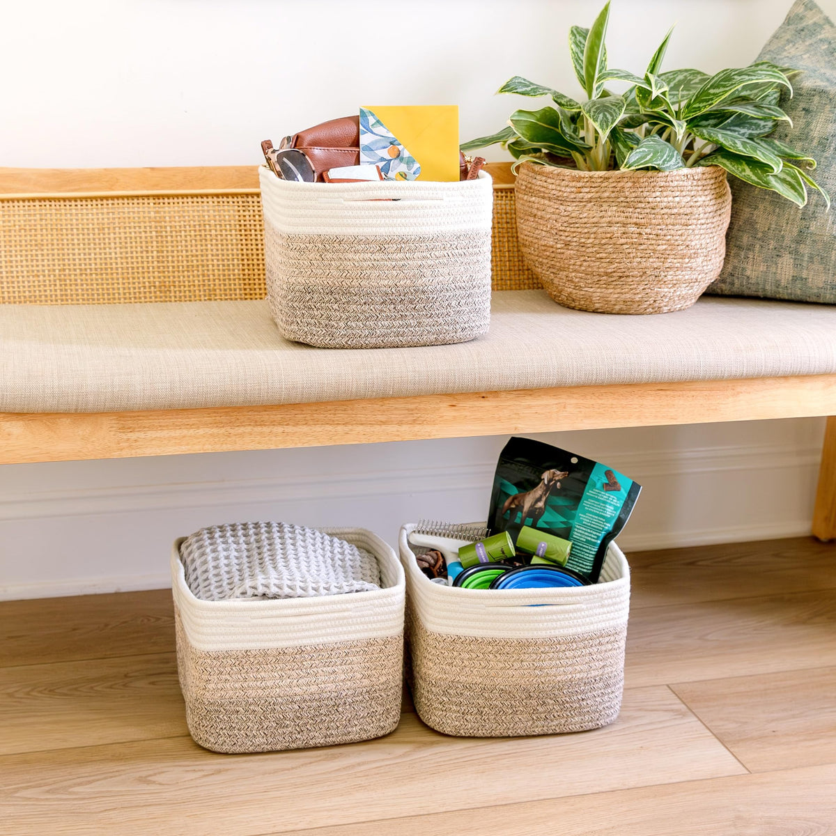 NaturalCozy Storage Cubes 9”x9”x7”Cotton Rope Woven Baskets for Organizing 3-Pack | 9 Inch Cube Storage Bin | Small Basket for Shelf Nursery, Pantry, Decorative Plant, Bathroom Closet, Toy Gift