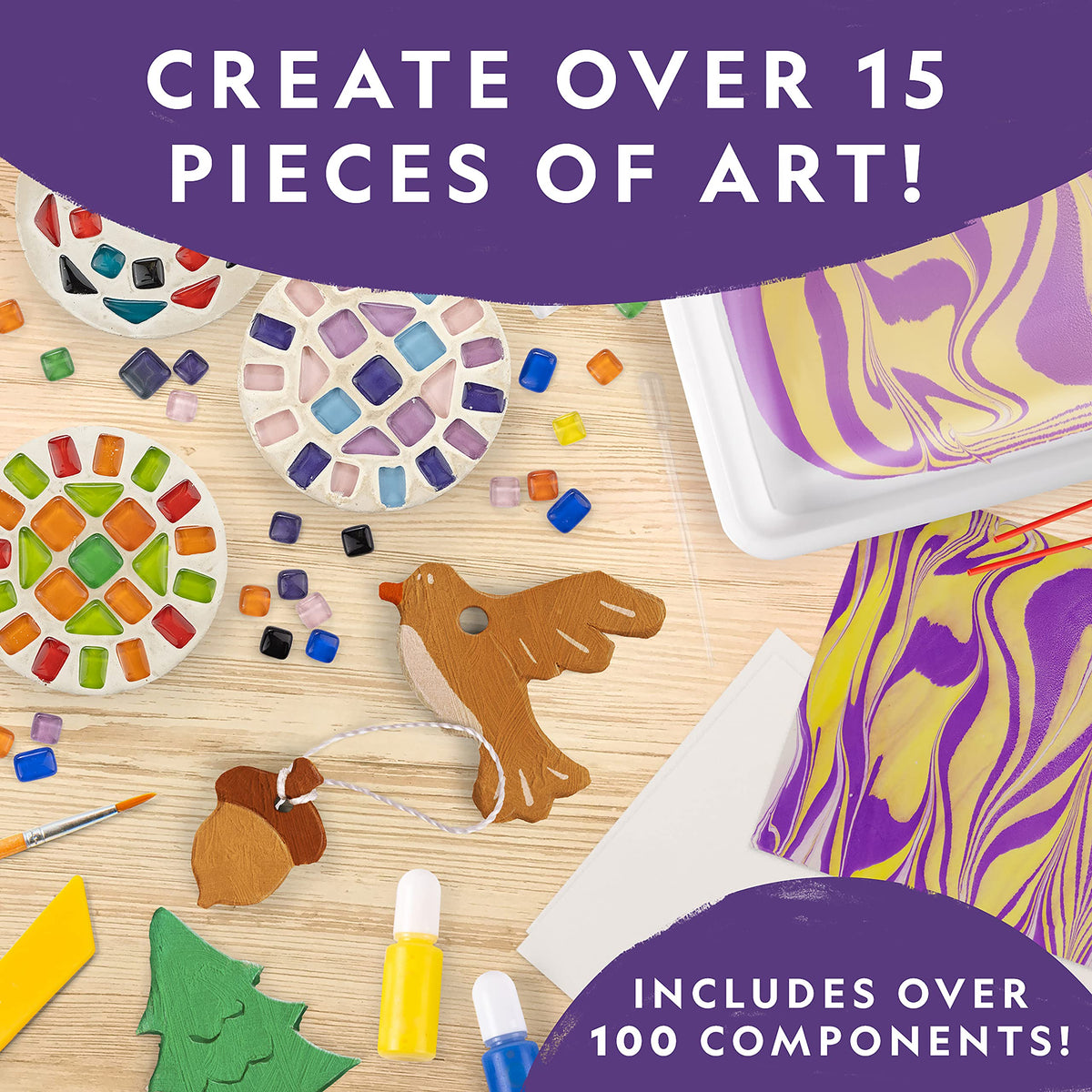 NATIONAL GEOGRAPHIC Mega Arts and Crafts Kit for Kids – Mosaic Kit, Marbling Paint Kit & Air Dry Clay Pottery Kit – Art Projects for Kids Ages 8-12, Crafts for Girls and Boys (Amazon Exclusive)