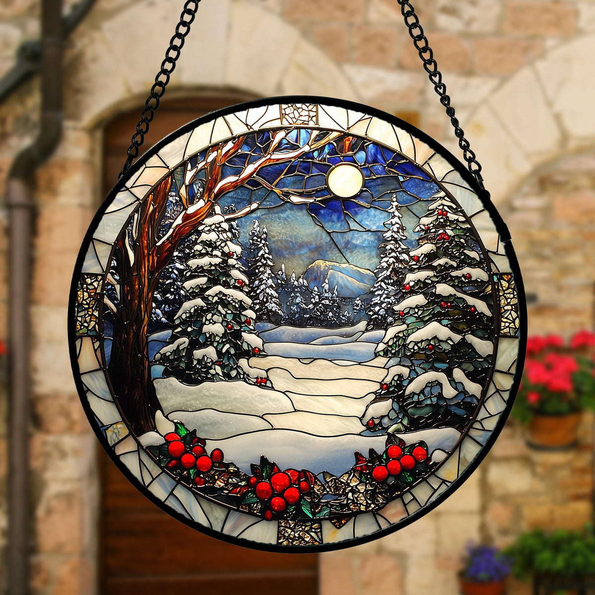 DASTOLL Stained Glass Window Hanging Christmas Tree Winter Snow Night Scenery 7.8" - Suncatcher Door Garden Kitchen Sun Catcher Home Decor Birthday for Mom Men Woman Friend