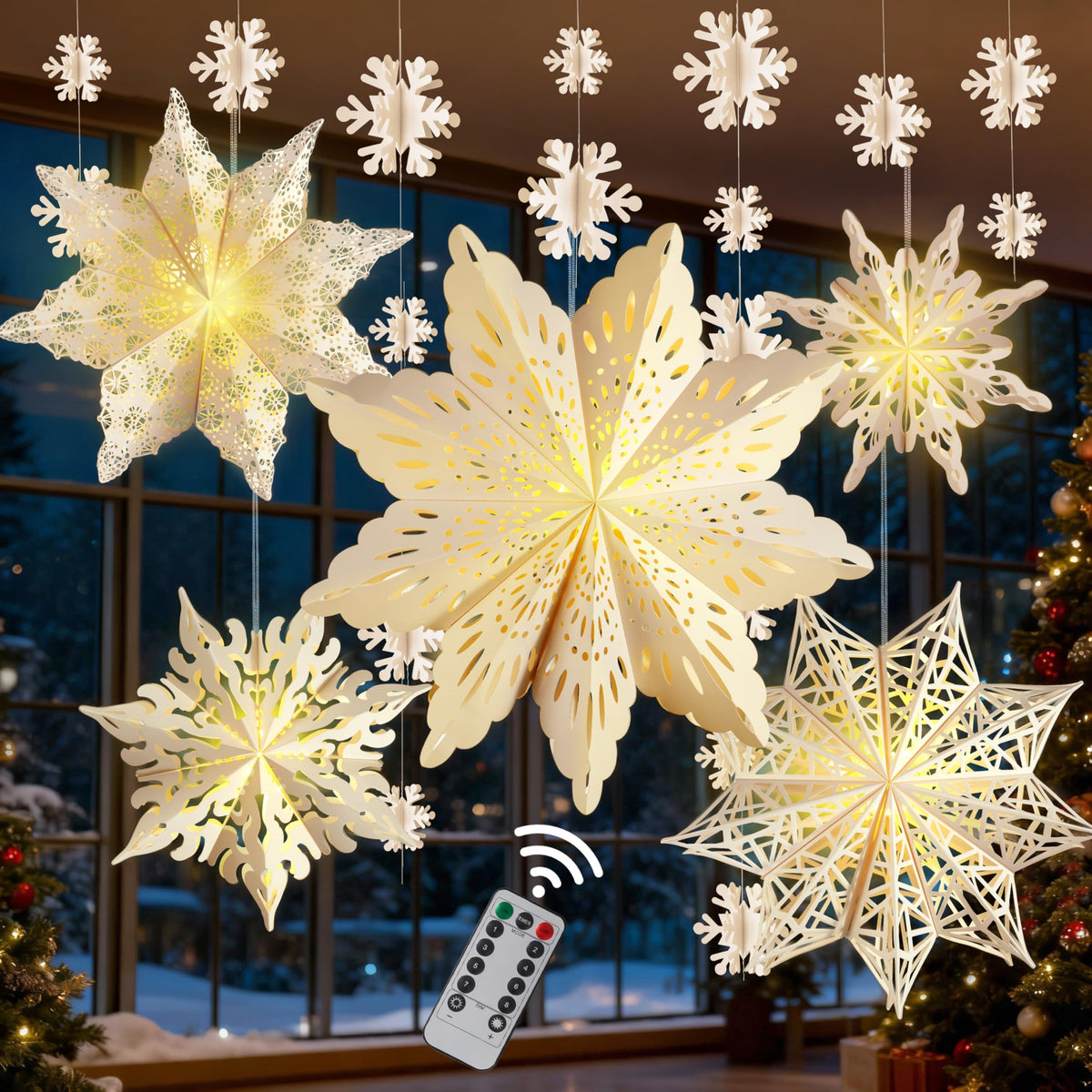 5Pcs Christmas Paper Snowflake Lanterns, Large Christmas Paper Star Lanterns with Lights & Banner White Hanging Snowflake Lamps for Xmas Winter Frozen Weddings Birthday Holiday Party Decorations