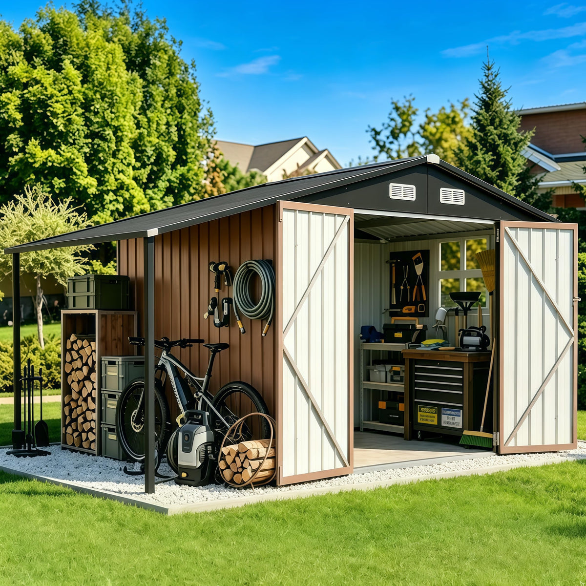 Aoxun 8x12 FT Outdoor Storage Shed Metal Sheds with Open Firewood Storage,Galvanized Steel Garden Shed with Lockable Doors,Sloped Roof,Windows, 2 in 1 Large Tool Shed for Patio, Backyard, Lawn (Brown)