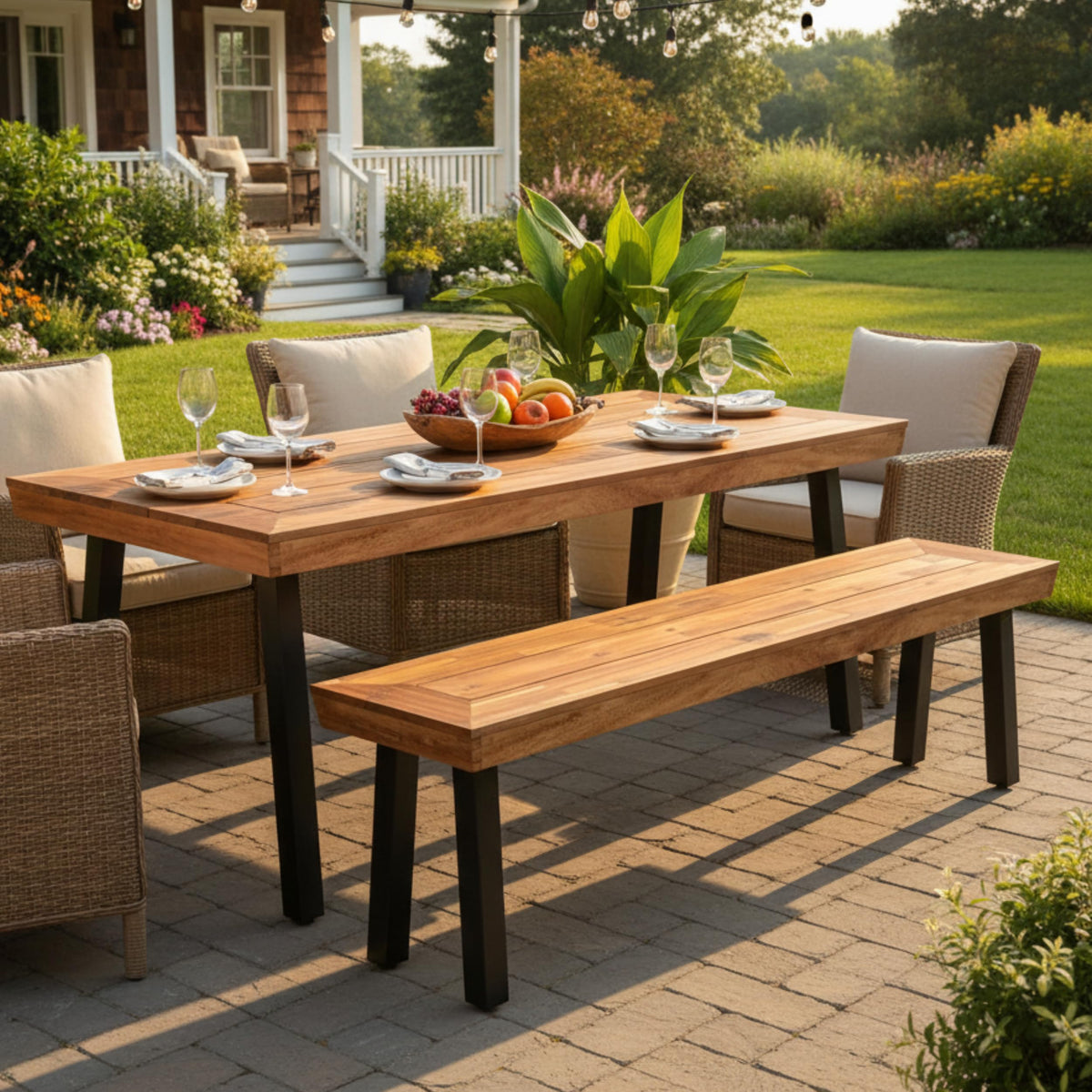 Tangkula Outdoor Acacia Wood Bench, Patio Dining Picnic Bench with Steel Legs for Porch Garden Poolside Living Room Balcony, Ideal for Indoor & Outdoor Use (1, Teak)