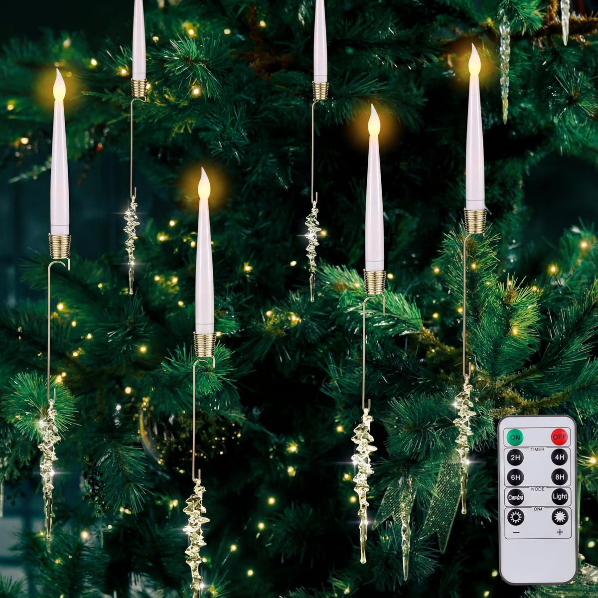 Tujoe 6 Pack Flameless Christmas Tree Candles with Remote Crystal Icicle Hook Hanging Candle Lights for Christmas Tree Battery Operated LED Taper Candlesticks with Timer for Home Xmas Party Decor Gift