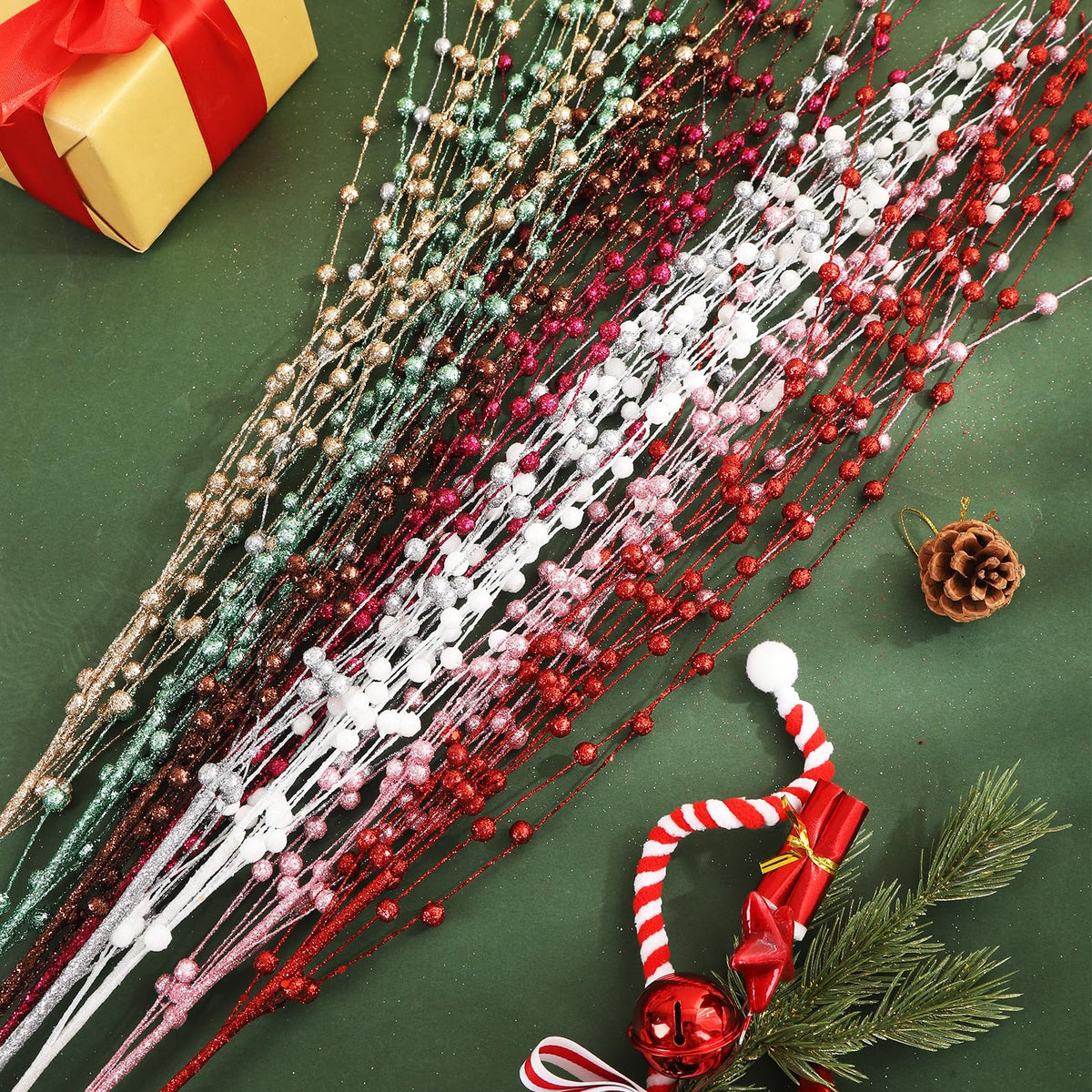 HRONG 24 PCS 39.37in Red Artificial Glitter Berry Stem Ornaments - Glittery Twigs，Branches for Christmas Tree Decorations, Holiday Wreaths, Wedding, DIY & Home Party Decor (Champagne)