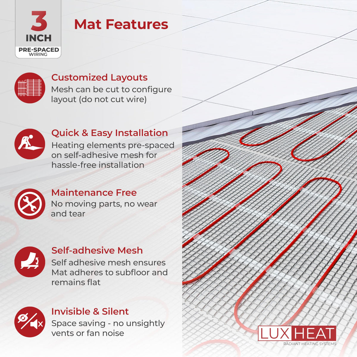 LuxHeat 110sqft Floor Heating Mat Kit - 120v Radiant Floor Heat System for Tile - Easy to Install Infloor Heat System - Includes UWG5 WiFi Programmable Thermostat w/GFCI, Alarm & Flooring Sensor