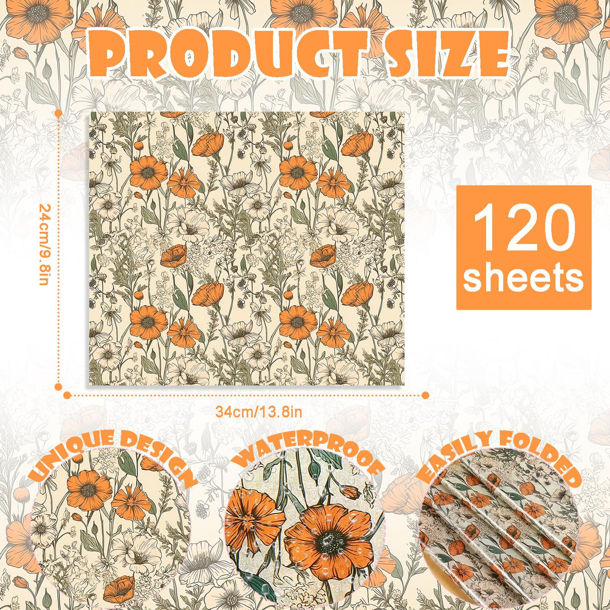 120 Sheets Orange Wildflower Garden Floral Wax Paper for Food Deli, 13.4 * 9.4‘’ Retro Floral Greaseproof Deli Paper for Sandwich Picnic Basket Liner Birthday Party Supplies