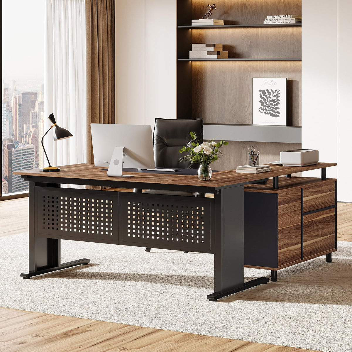 Tribesigns 63-Inch L-Shaped Executive Desk with Storage Shelves, Large Office Computer Desk with Drawers and File Cabinet, Industrial Business Workstation for Home Office, Brown and Black