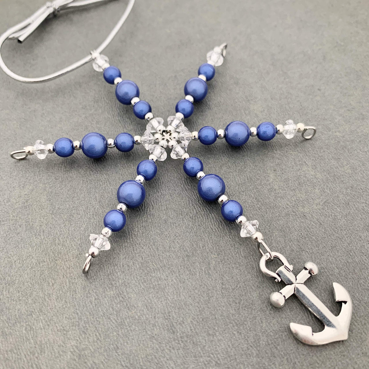 Beaded Snowflake Christmas Ornament Pewter Anchor Charm Blue Miracle Beads