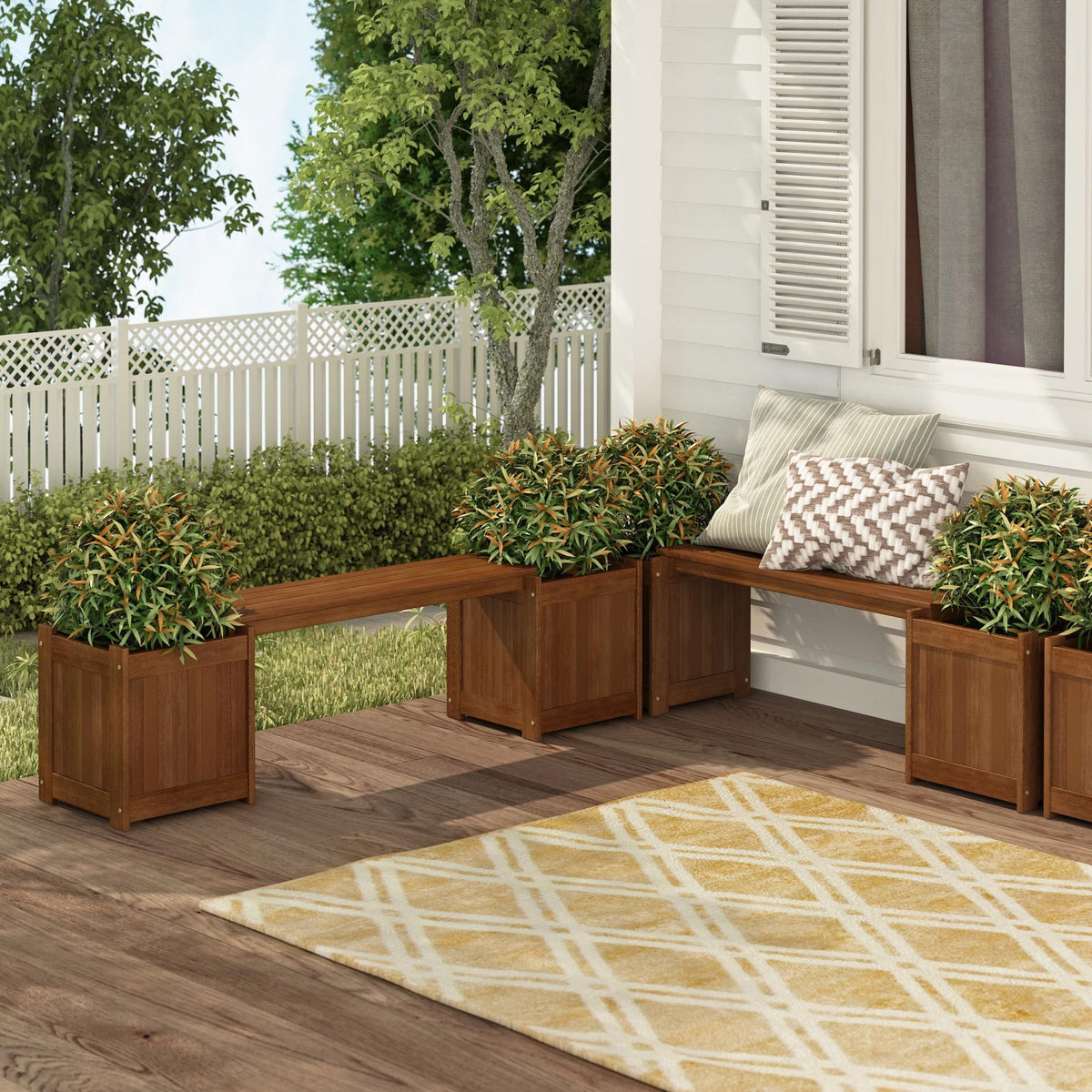 Furinno TIOMAN Planter Box with Bench, Hardwood Flower Box with Seat, Cube Garden Box, in Teak Oil, Outdoor Indoor, Garden, Patio, Balcony, Light Wood