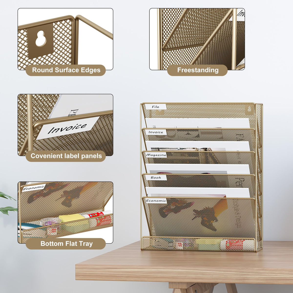 EasyPAG 5 Tier Wall File Holder, Mesh Hanging Folder Organizer with Classify Label, Versatile Desk File Holder, Vertical Wall Mounted Mail Organizer for Office Home Cubicle, Gold