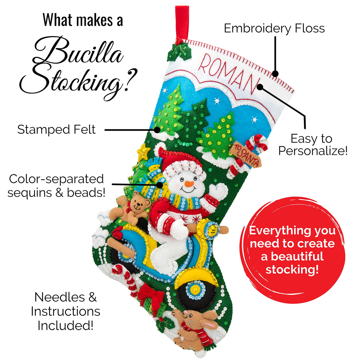Bucilla Felt Applique 18" Stocking Making Kit, Sledding with Santa, Perfect for DIY Arts and Crafts, 89477E