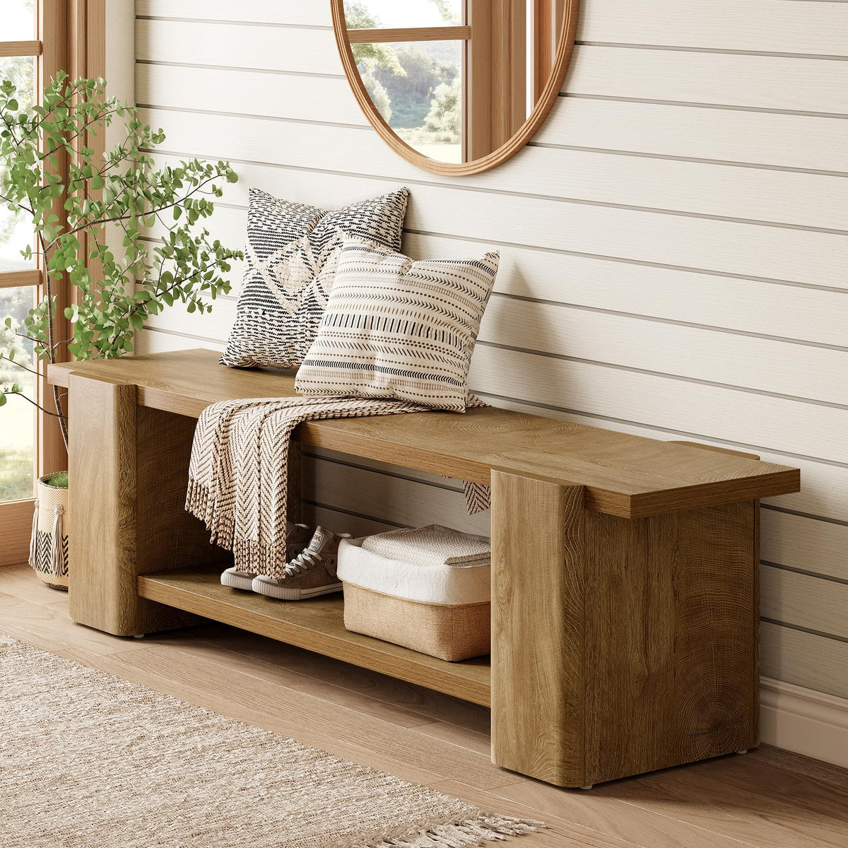LITTLE TREE Wood Entryway Bench, 63" End of Bed Bench with Storage Shelf, Farmhouse Extra Long Shoe Bench for Entryway, Dining Room, Hallway, Living Room, Bedroom, Double-Reinforced Legs, Natural Oak