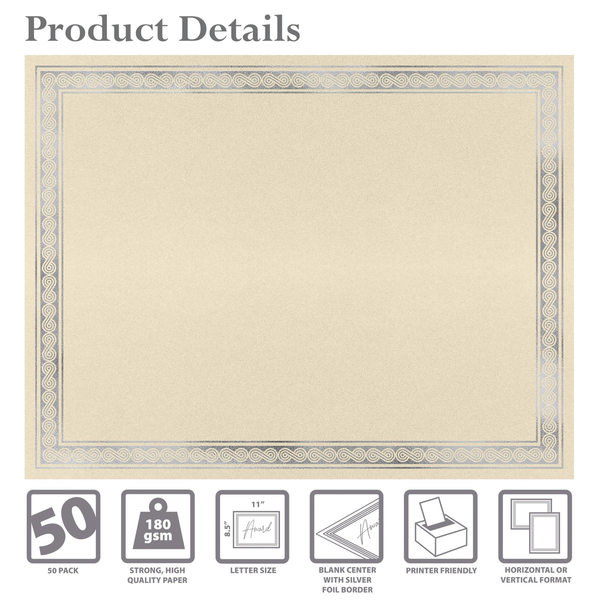 Better Office Products 50 Sheet Award Certificate Paper, Silver Foil Metallic Border, Ivory Letter Size Blank Paper, Diploma Certificates, Laser and Inkjet Printer Friendly, 8.5 x 11 Inches