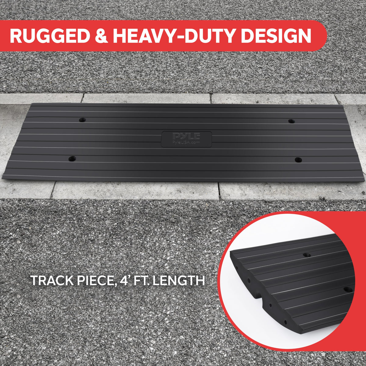 Car Vehicle Curbside Driveway Ramp - 4ft Heavy Duty Rubber Threshold Bridge Track Curb Ramp, for Loading Dock, Garage, Sidewalk, Truck, Scooter, Bike, Motorcycle, Wheelchair Mobility - Pyle PCRBDR21